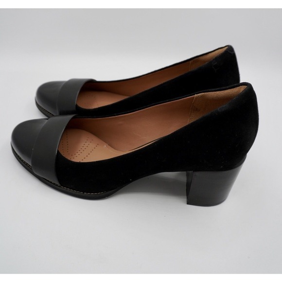 Clarks Farah Brae Black‎ Suede Patent Block Heel Pumps 11 Dark Academia 35-04 - Picture 9 of 14